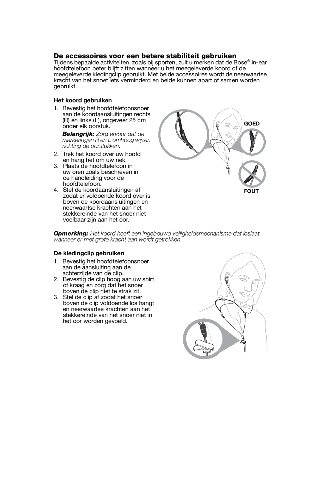 Bose In-Ear Headphones De accessoires voor een betere stabiliteit gebruiken, Het koord gebruiken, De kledingclip gebruiken 