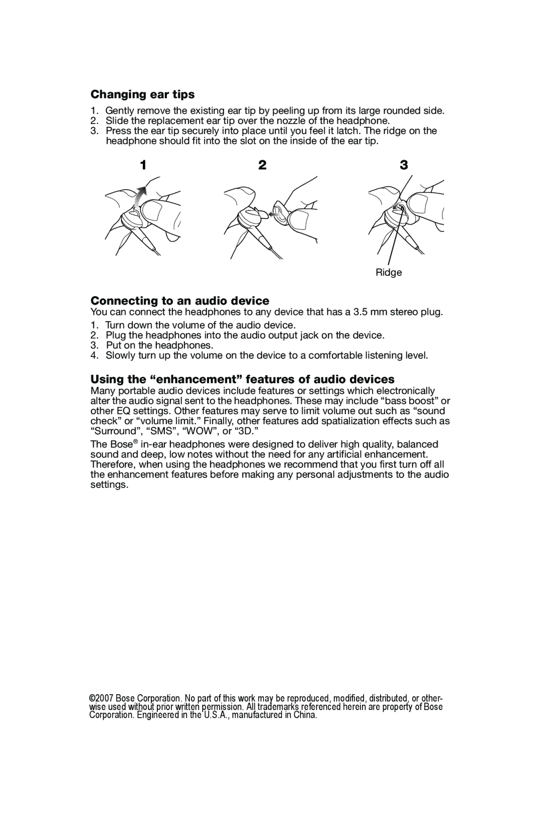 Bose In-Ear Headphones Changing ear tips, Connecting to an audio device, Using the enhancement features of audio devices 