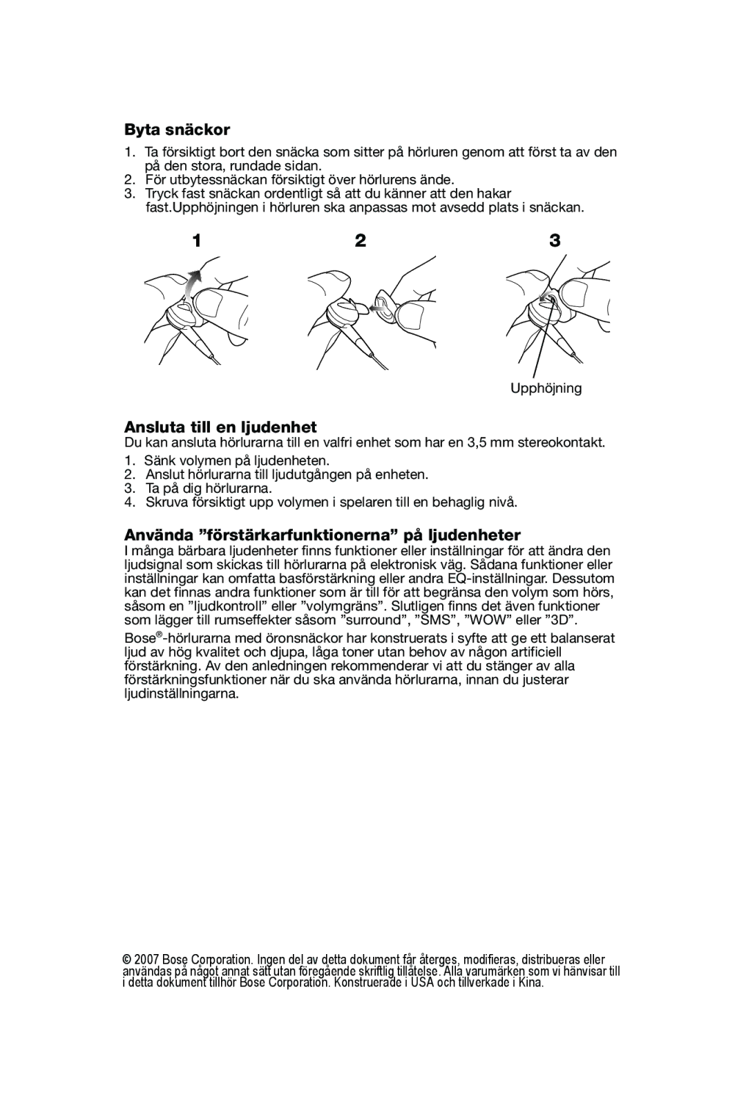 Bose In-Ear Headphones manual Byta snäckor, Ansluta till en ljudenhet, Använda förstärkarfunktionerna på ljudenheter 