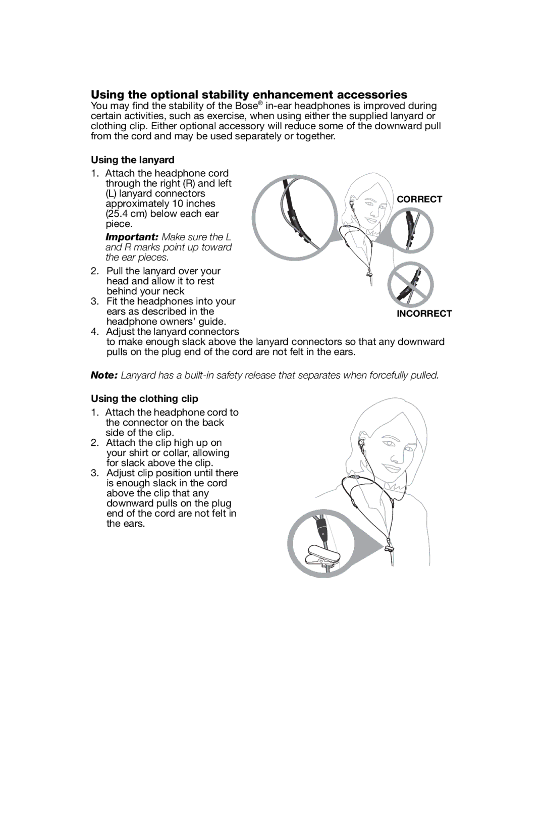 Bose In-Ear Headphones Using the optional stability enhancement accessories, Using the lanyard, Using the clothing clip 