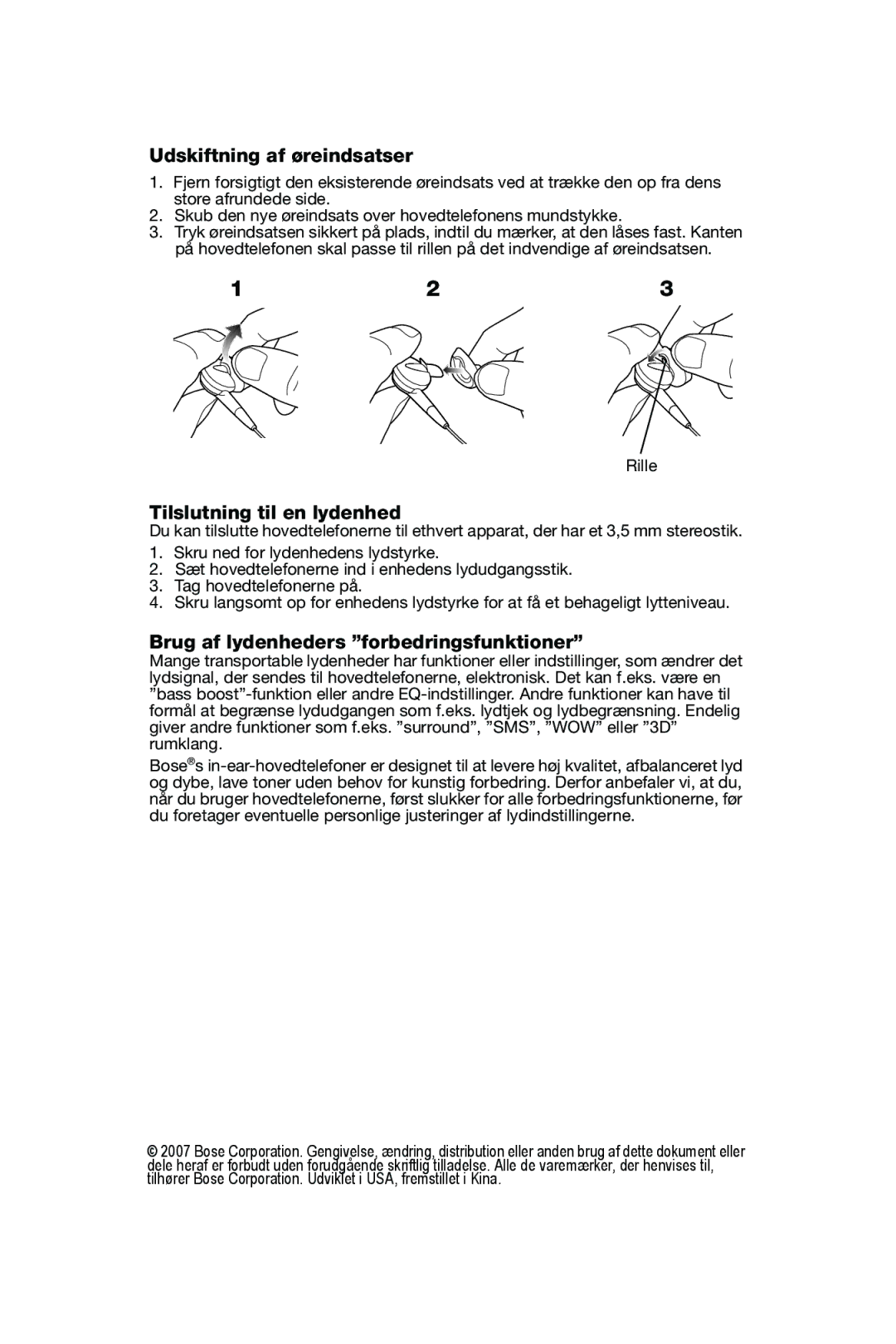 Bose In-Ear Headphones Udskiftning af øreindsatser, Tilslutning til en lydenhed, Brug af lydenheders forbedringsfunktioner 