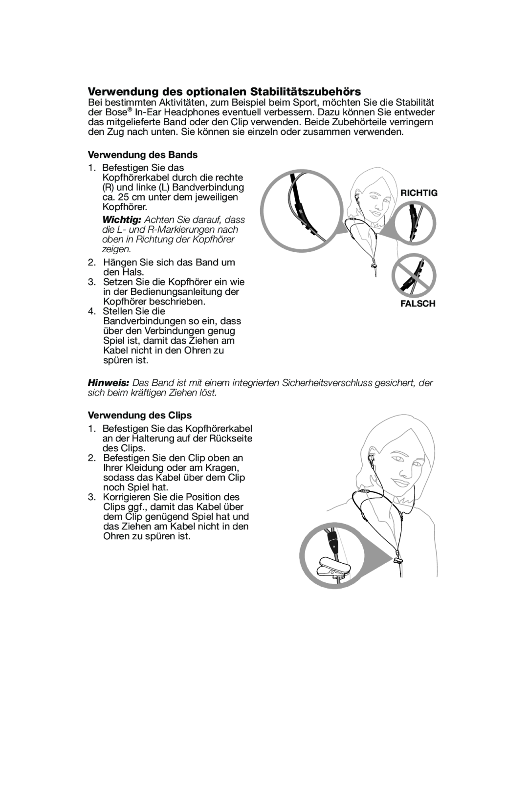 Bose In-Ear Headphones manual Verwendung des optionalen Stabilitätszubehörs, Verwendung des Bands, Verwendung des Clips 