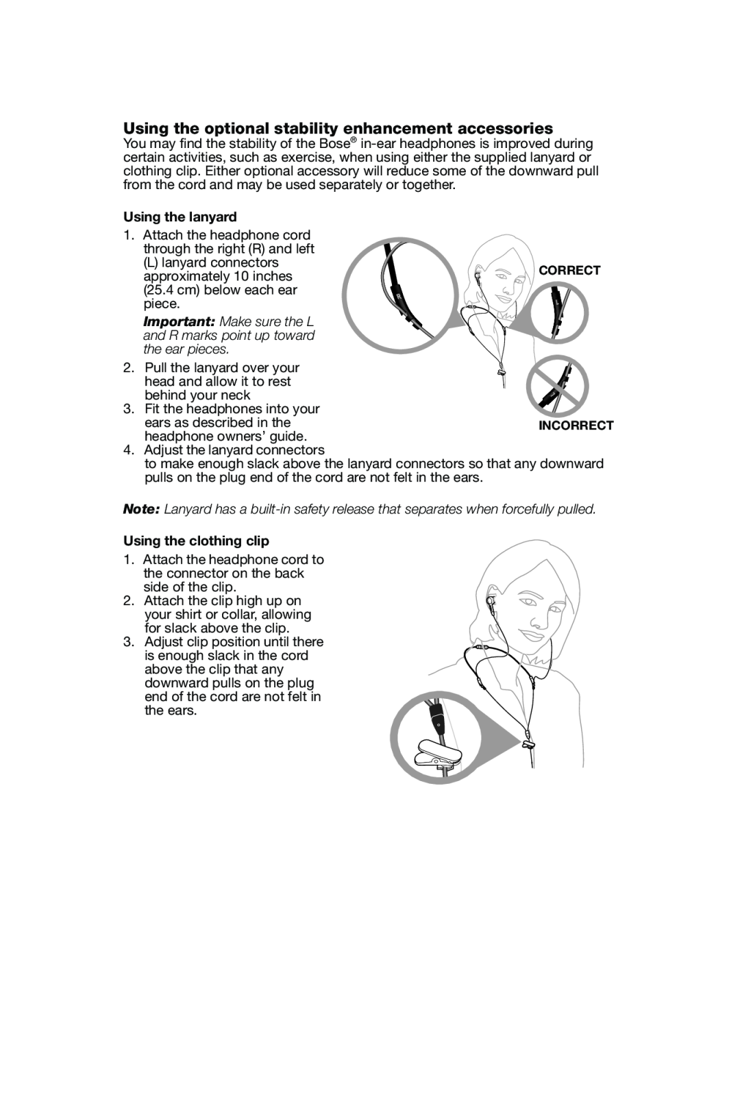 Bose In-Ear Headphones manual Using the lanyard, Using the clothing clip 