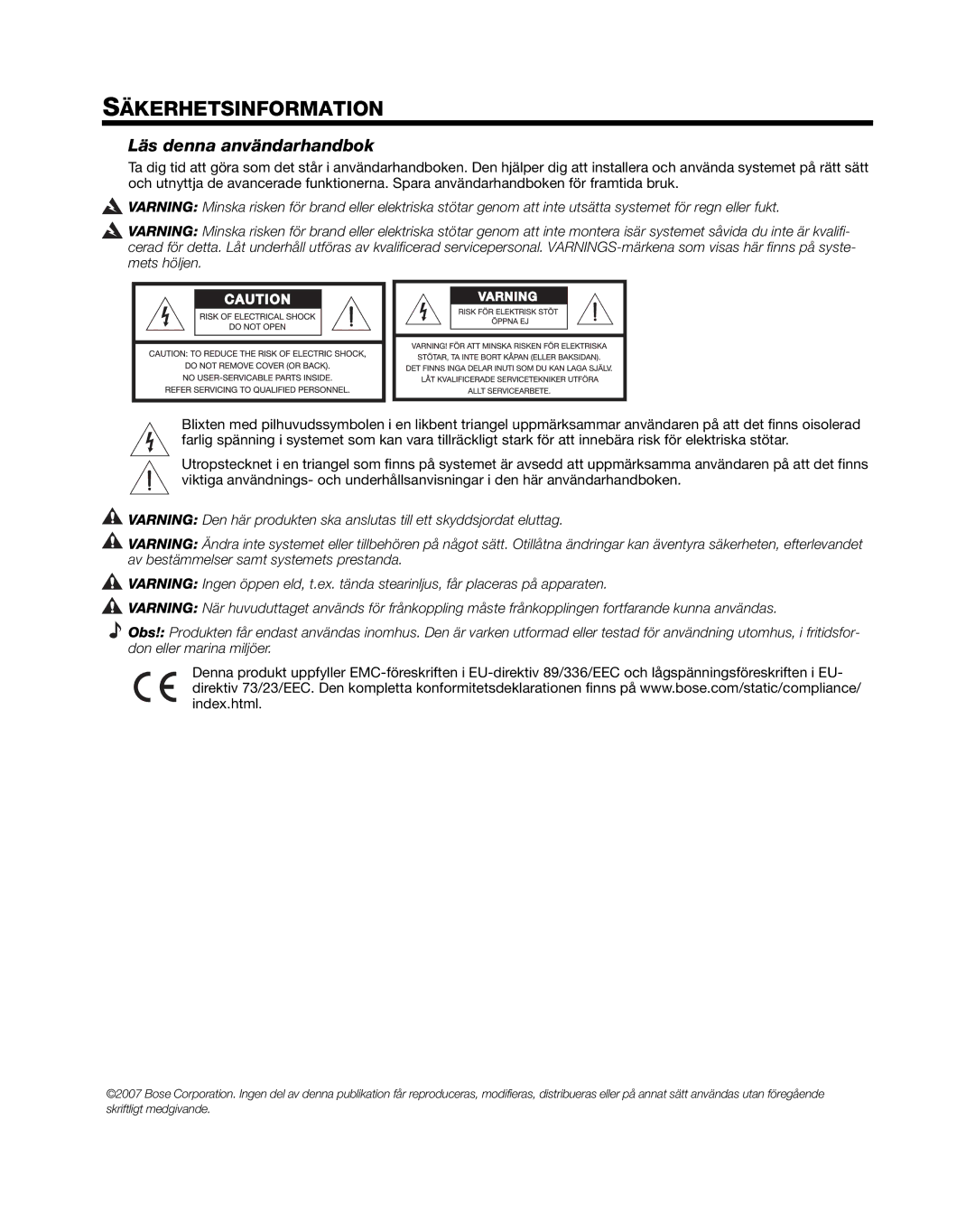 Bose L1 Model II manual Säkerhetsinformation, Läs denna användarhandbok 