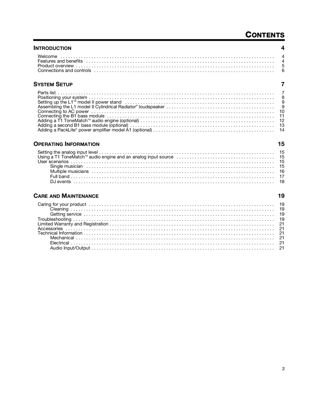 Bose L1 Model II manual Contents 