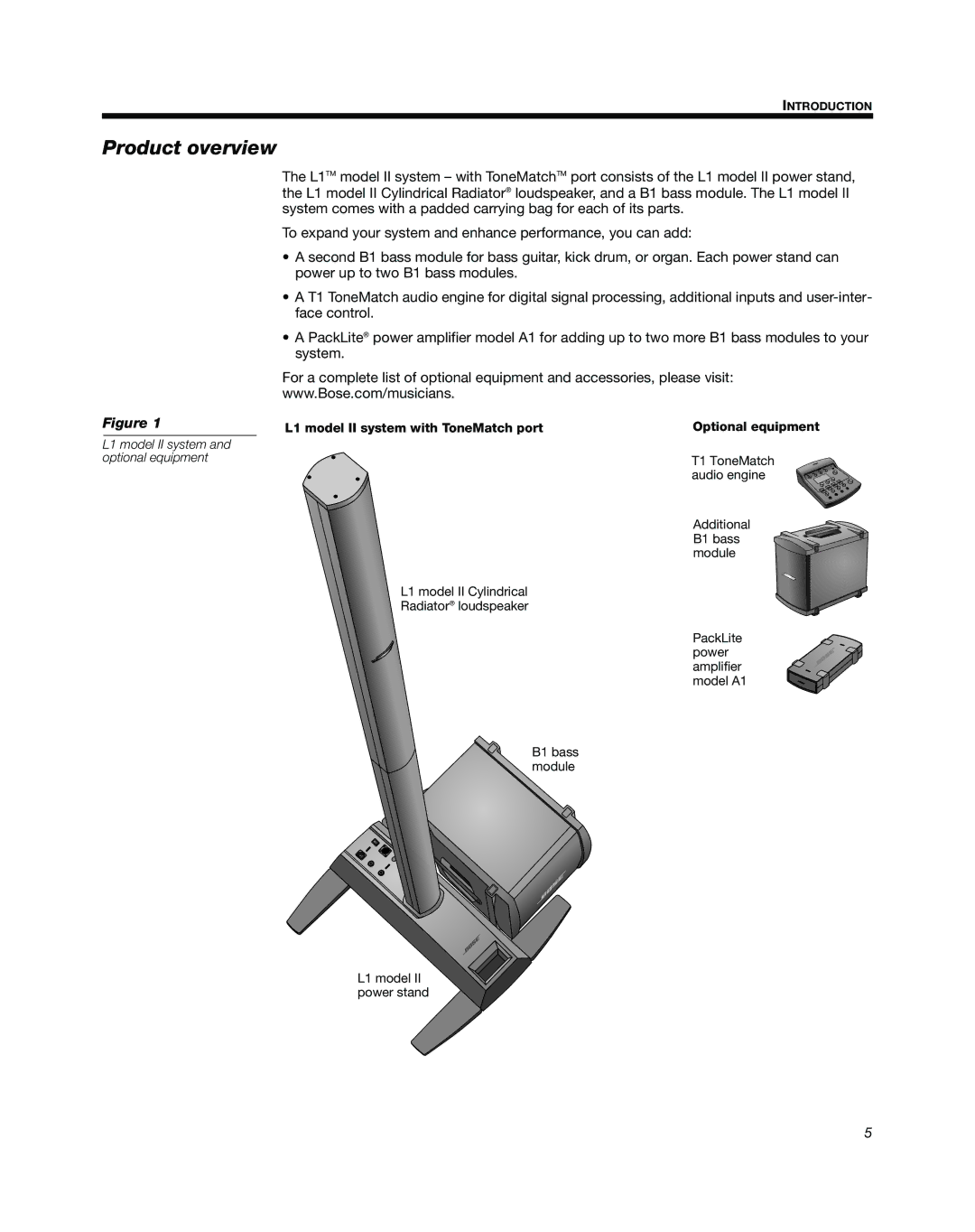 Bose L1 Model II manual Product overview, L1 model II system with ToneMatch port Optional equipment 