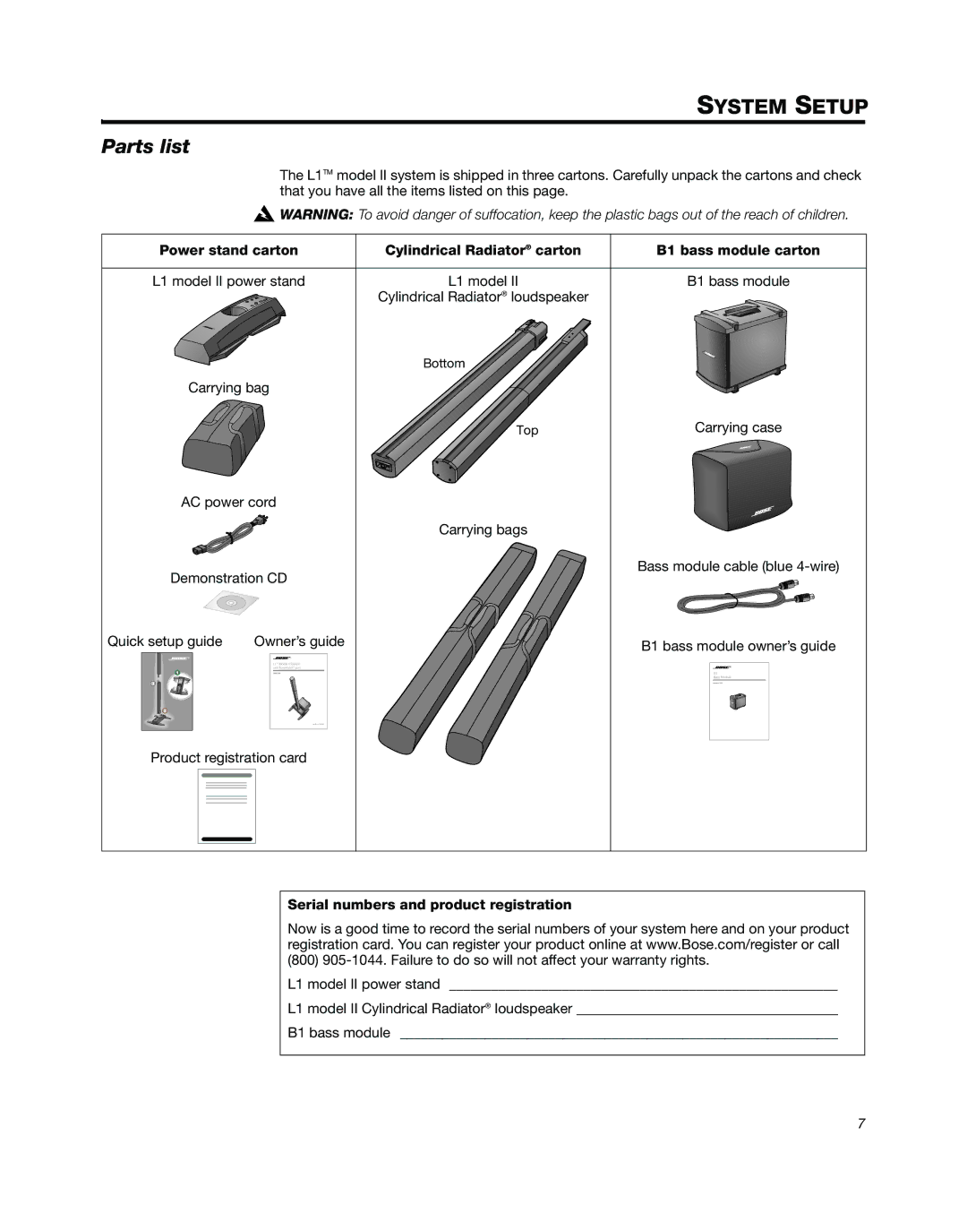 Bose L1 Model II manual System Setup, Parts list 