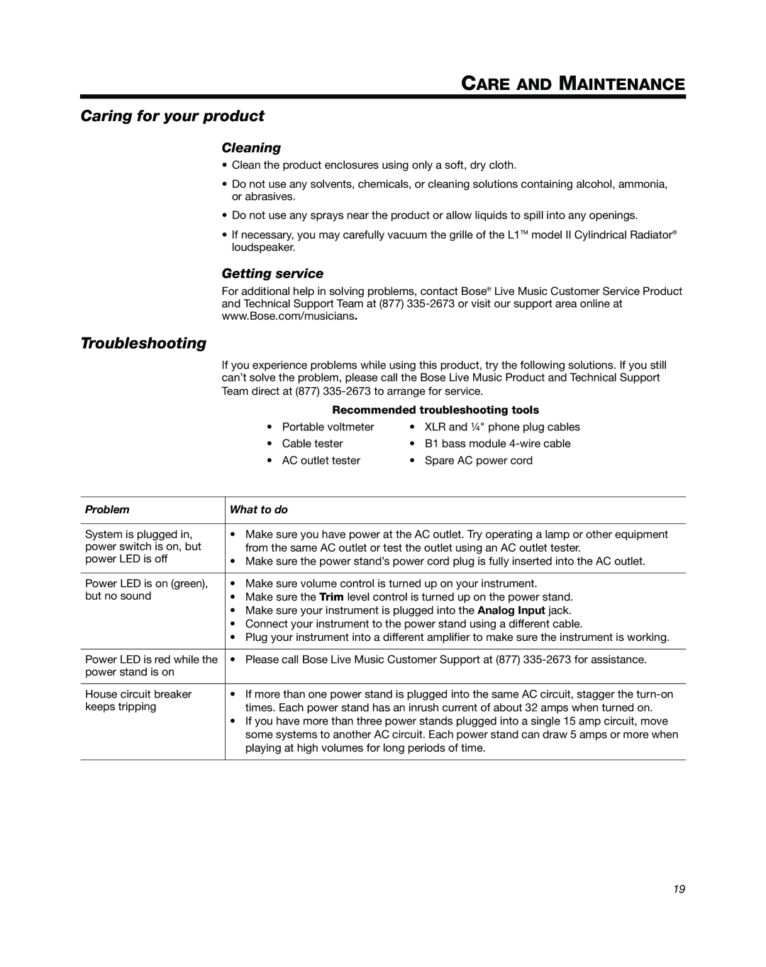 Bose L1 Model II manual Care and Maintenance, Caring for your product, Troubleshooting, Cleaning, Getting service 