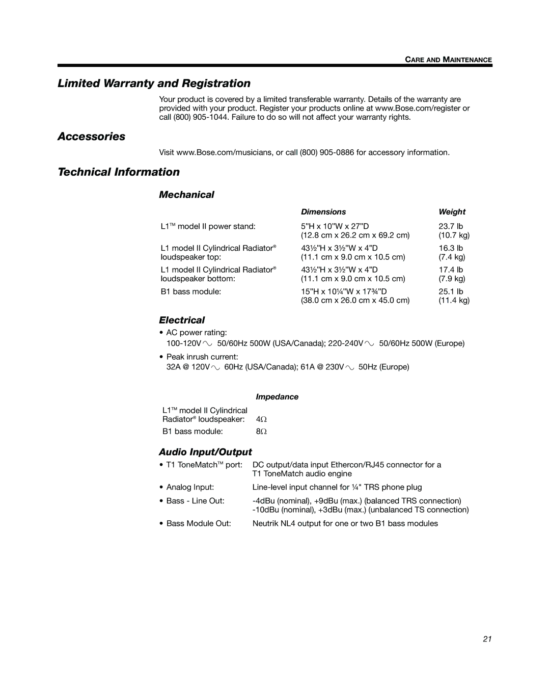 Bose L1 Model II manual Mechanical, Electrical, Audio Input/Output 