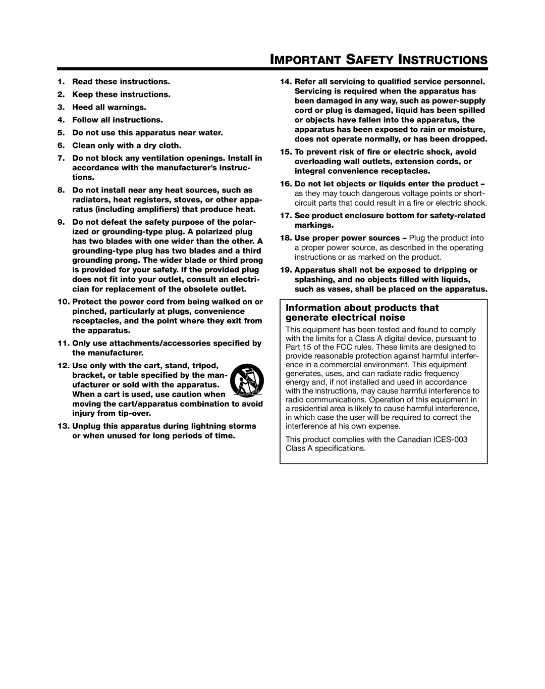 Bose L1 Model II manual Important Safety Instructions, Information about products that generate electrical noise 