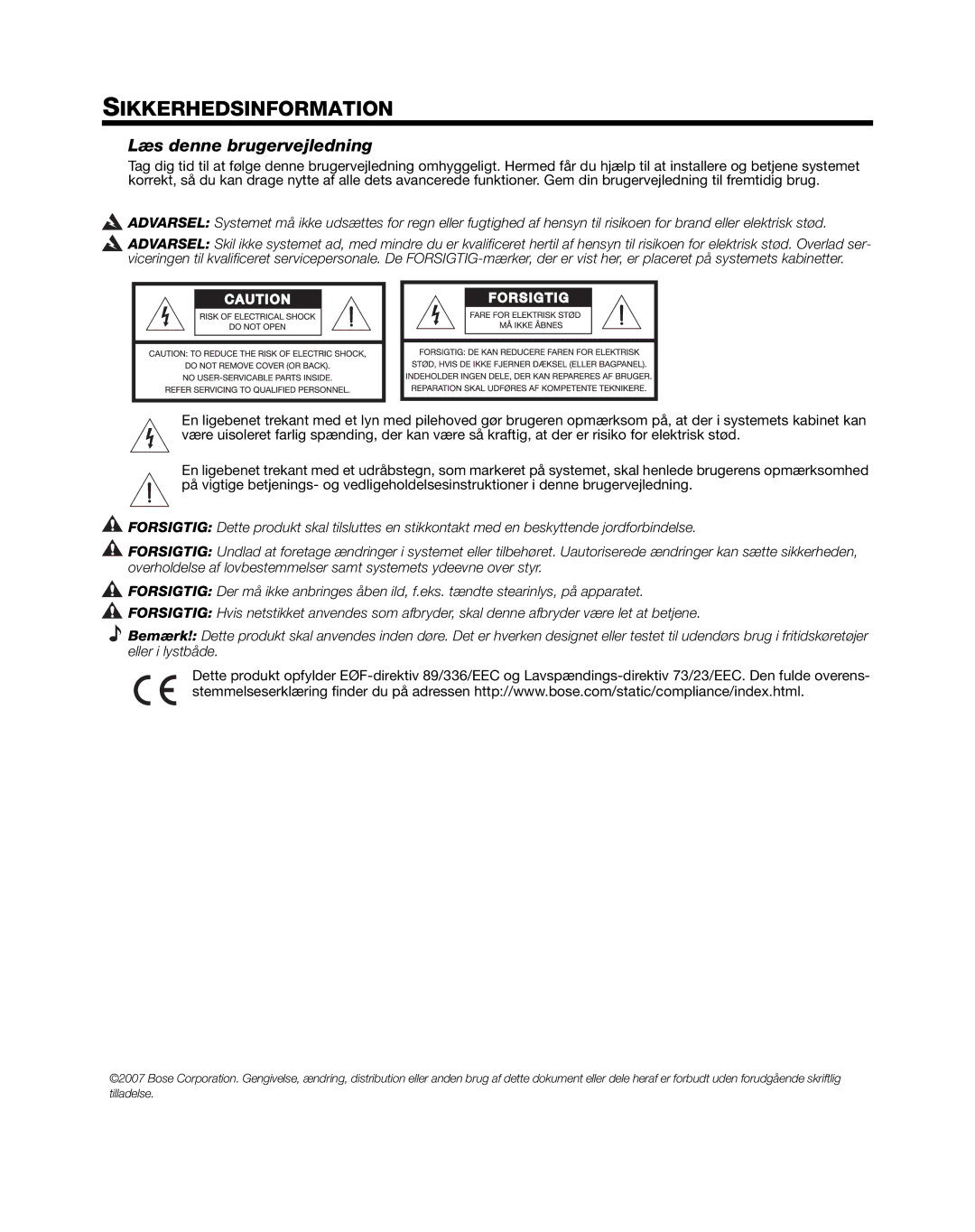 Bose L1 Model II manual Sikkerhedsinformation, Læs denne brugervejledning 