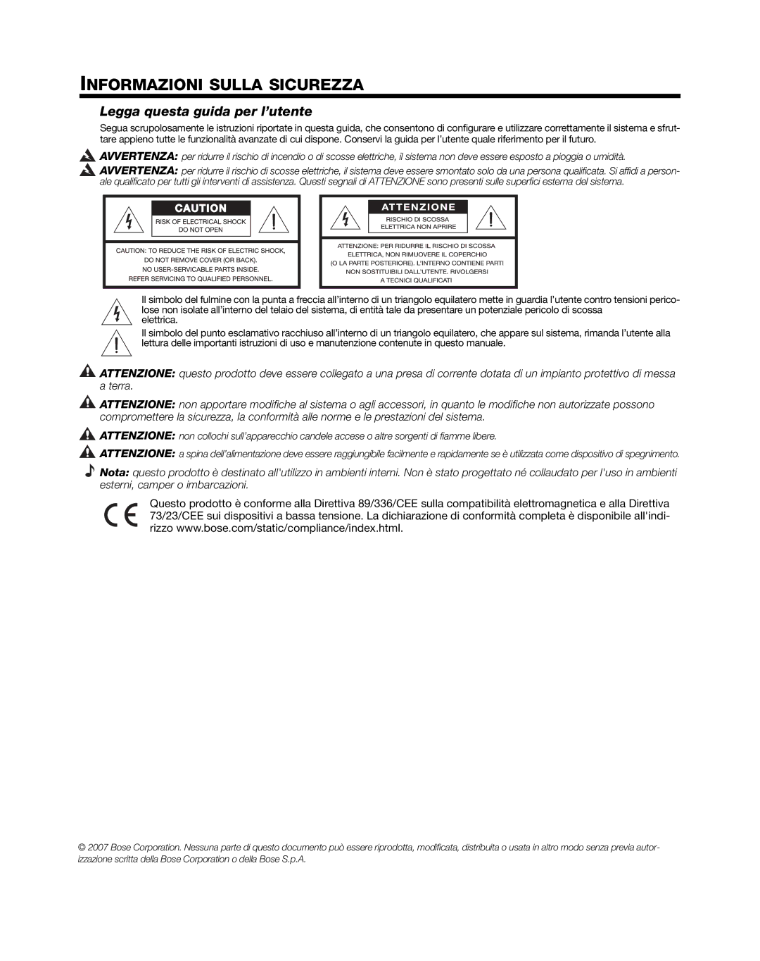 Bose L1 Model II manual Informazioni Sulla Sicurezza, Legga questa guida per l’utente 