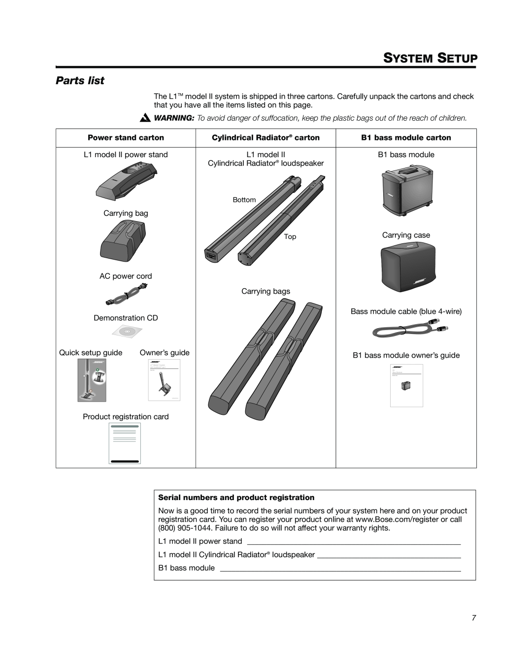 Bose L1 Model II manual System Setup, Parts list, EnglishDansk, Italiano, Nederlands, Svenska 