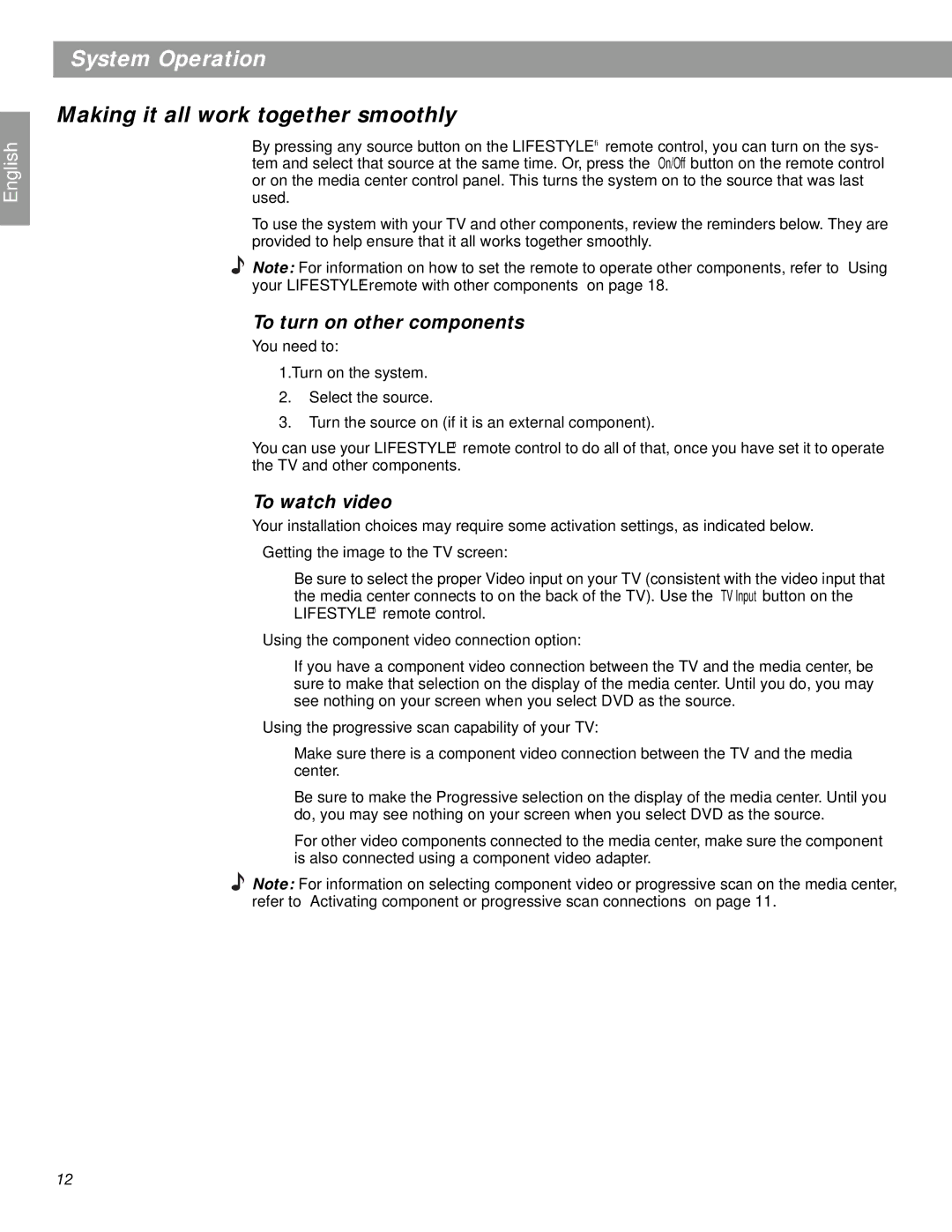 Bose Lifestyle 28 Series II manual System Operation, Making it all work together smoothly, To turn on other components 