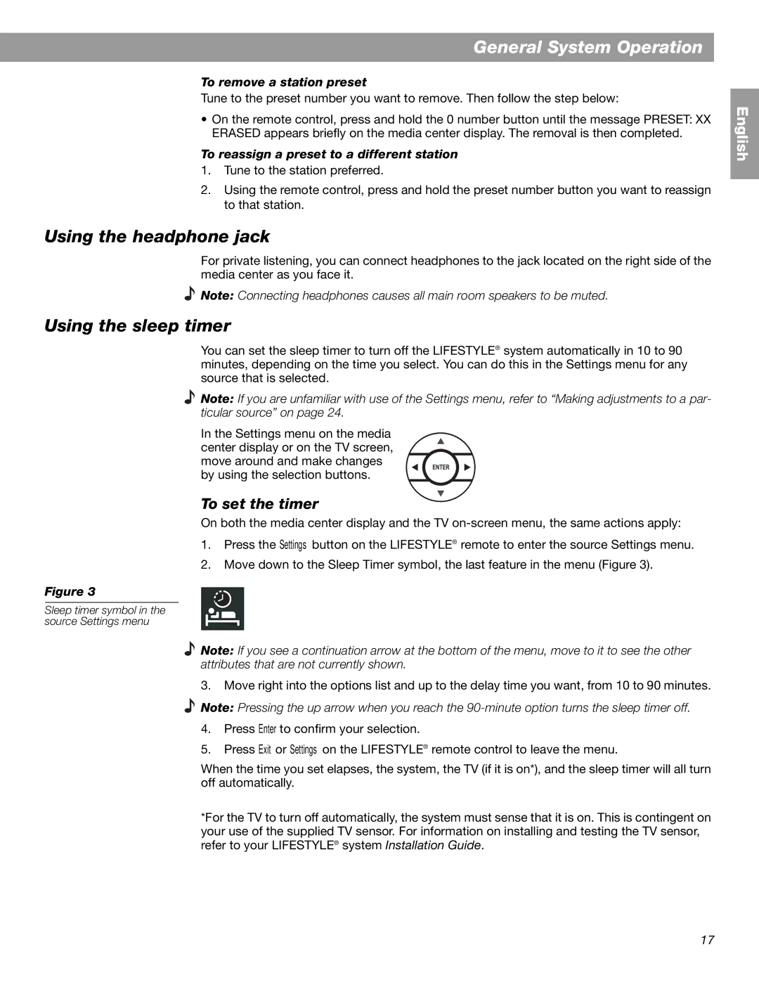 Bose Lifestyle 18 Series II Using the headphone jack, Using the sleep timer, To set the timer, To remove a station preset 