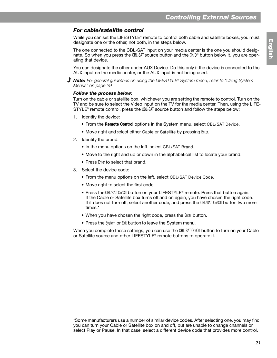 Bose Lifestyle 18 Series II, Lifestyle 28 Series II manual For cable/satellite control, Follow the process below 