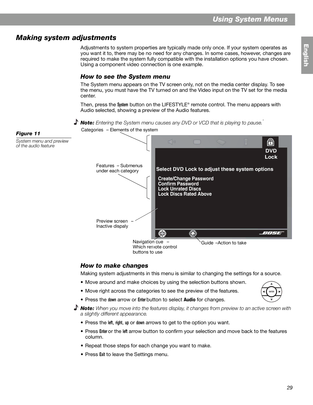 Bose Lifestyle 18 Series II Using System Menus, Making system adjustments, How to see the System menu, How to make changes 