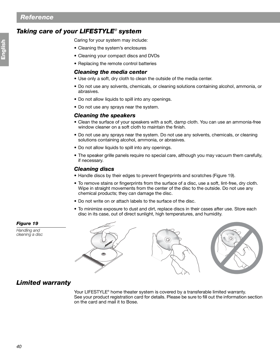 Bose Lifestyle 28 Series II manual Taking care of your Lifestyle system, Limited warranty, Cleaning the media center 