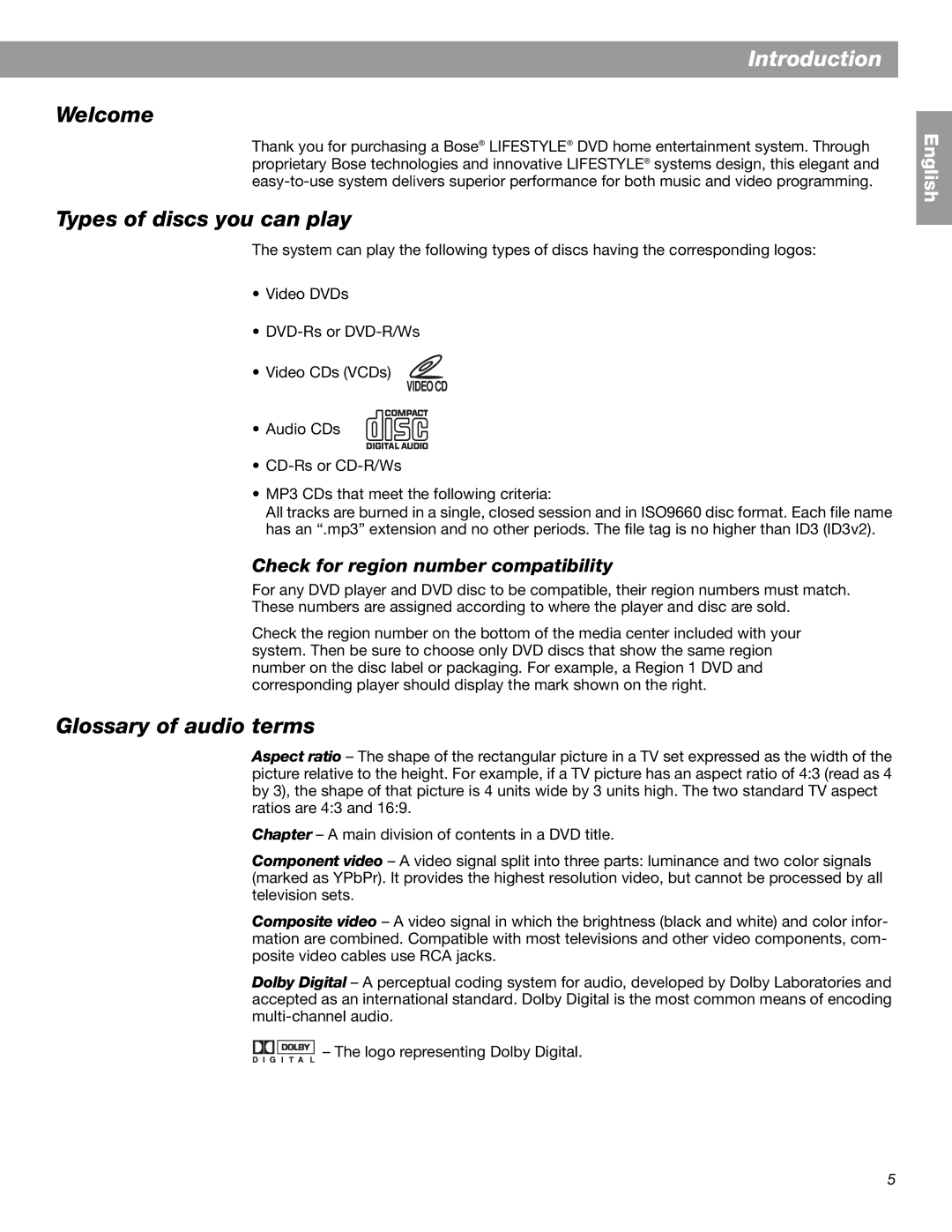 Bose Lifestyle 18 Series II manual Introduction, Welcome, Types of discs you can play, Glossary of audio terms 