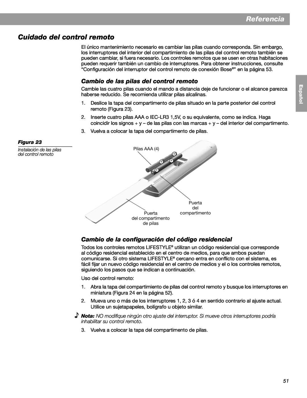 Bose LIFESTYLE 38, LIFESTYLE 48 manual Referencia, Cuidado del control remoto, English, Figura, Español Français 