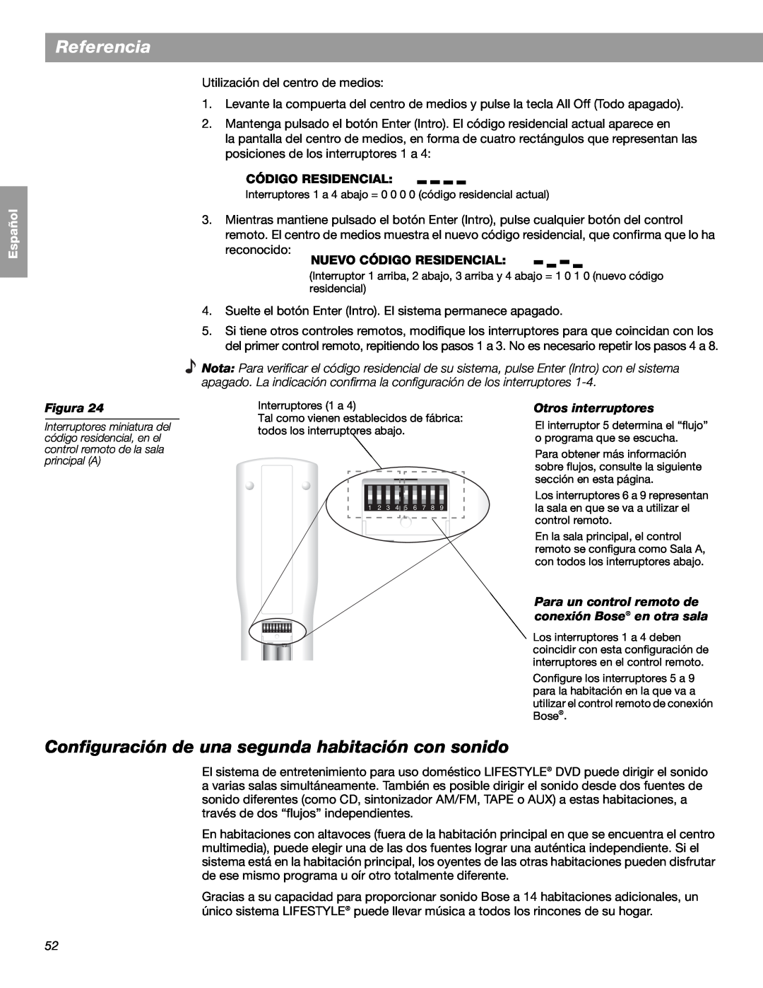 Bose LIFESTYLE 48 manual Referencia, English Español Français, Nuevo Código Residencial, Figura, Otros interruptores 