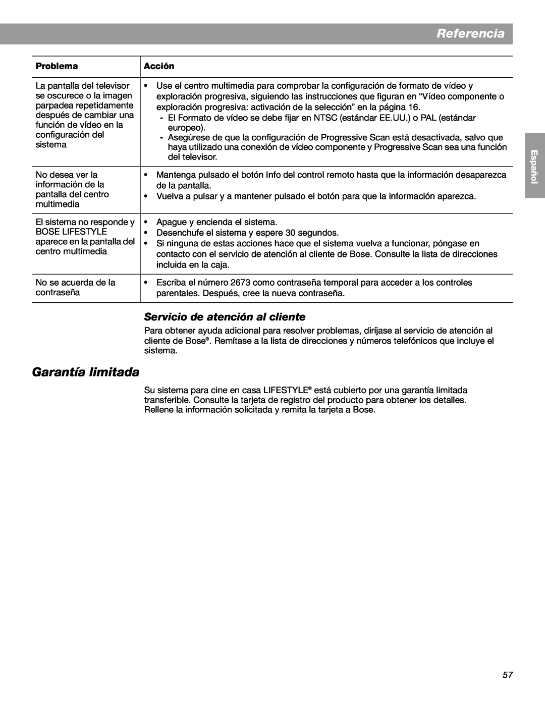 Bose LIFESTYLE 38, LIFESTYLE 48 Garantía limitada, Referencia, Servicio de atención al cliente, English Español Français 