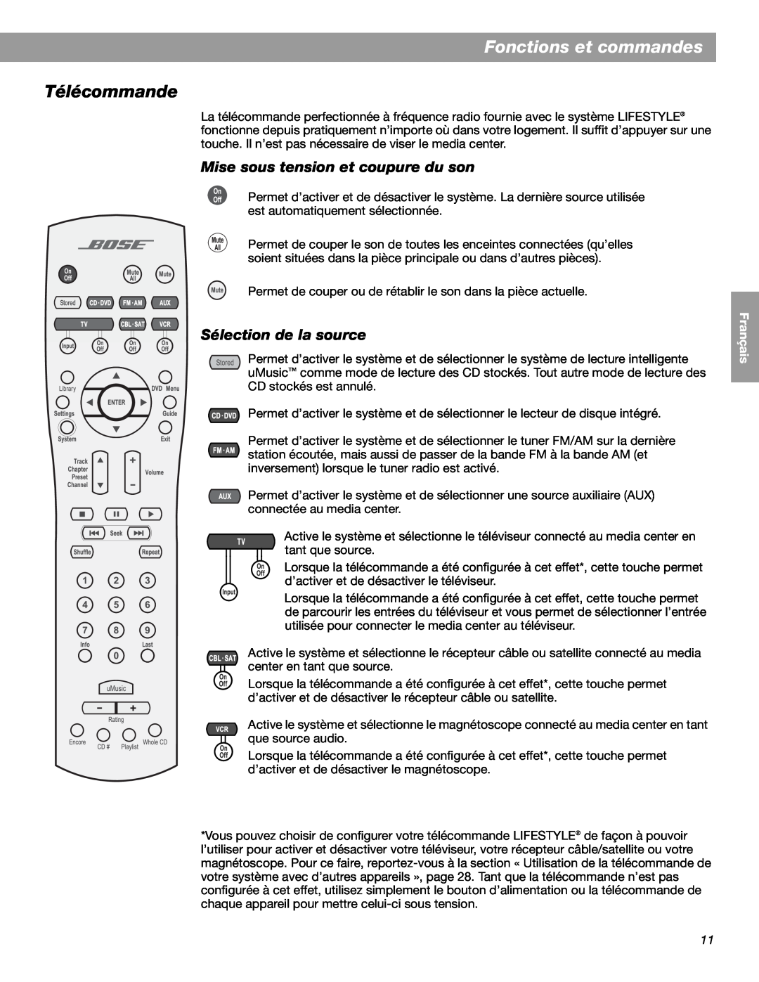 Bose LIFESTYLE 38, LIFESTYLE 48 manual Fonctions et commandes, Télécommande, English Español Français 