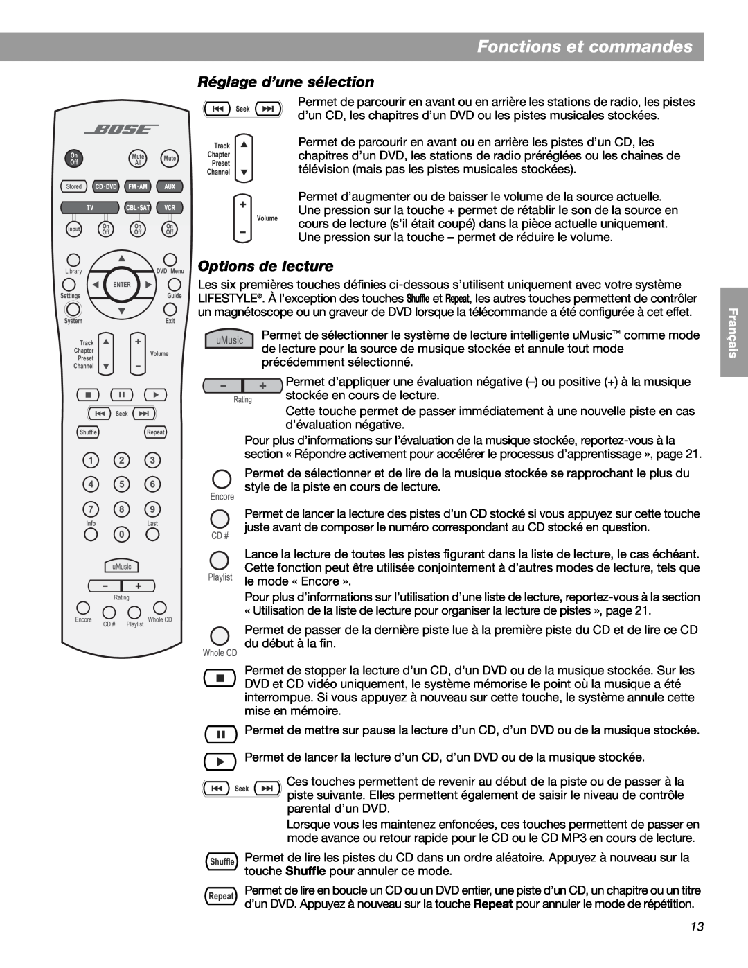 Bose LIFESTYLE 38 manual Fonctions et commandes, Réglage d’une sélection, Options de lecture, English Español Français 