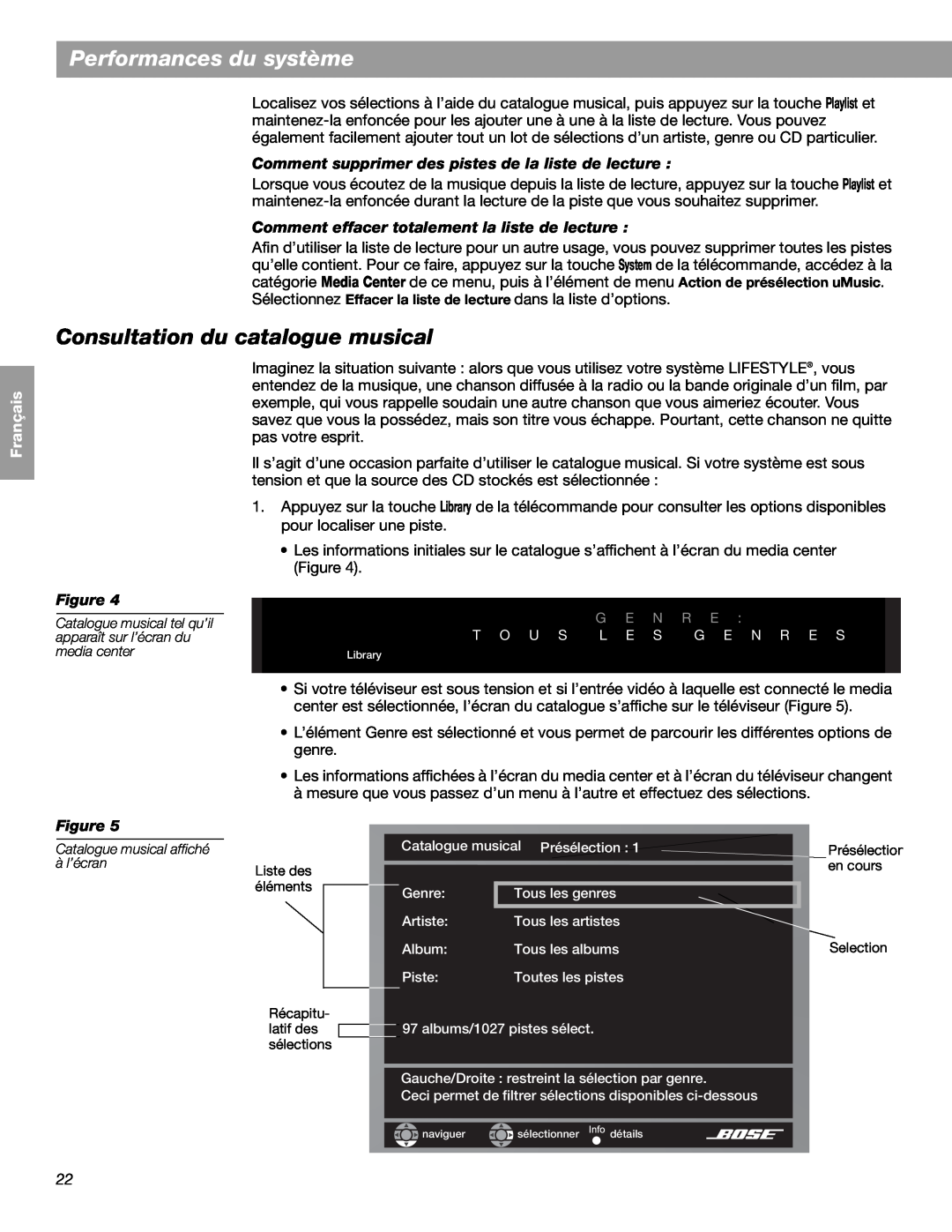 Bose LIFESTYLE 48 manual Consultation du catalogue musical, Performances du système, English Español, Français, Figure 