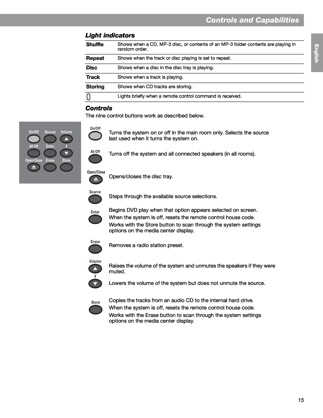 Bose LIFESTYLE 38 Controls and Capabilities, Light indicators, Shuffle, Repeat, Disc, Track, Storing, English Español 