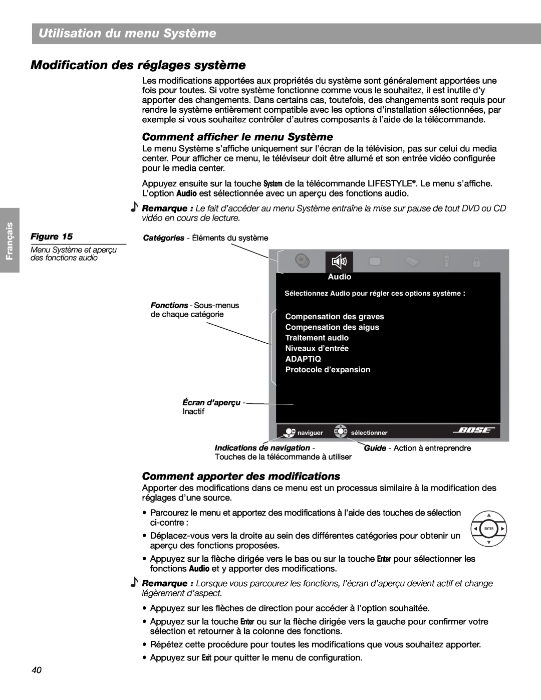 Bose LIFESTYLE 48, LIFESTYLE 38 Utilisation du menu Système, Modification des réglages système, English Español, Français 
