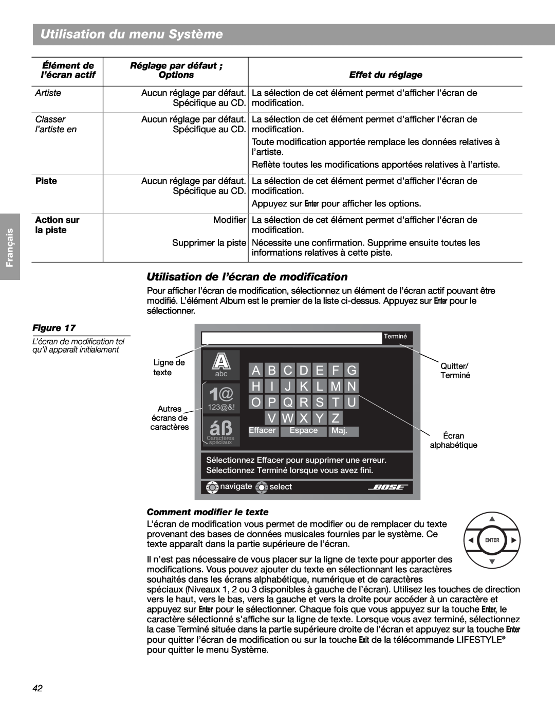 Bose LIFESTYLE 48 Utilisation du menu Système, English Español Français, Élément de, Réglage par défaut, l’écran actif 