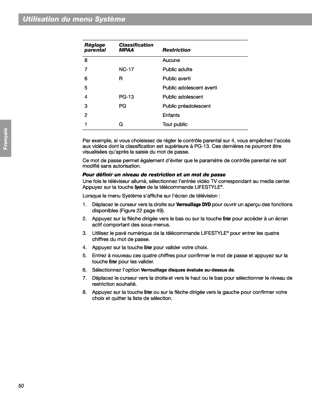 Bose LIFESTYLE 48 manual Utilisation du menu Système, English Español Français, Réglage, Classification, parental, Mpaa 