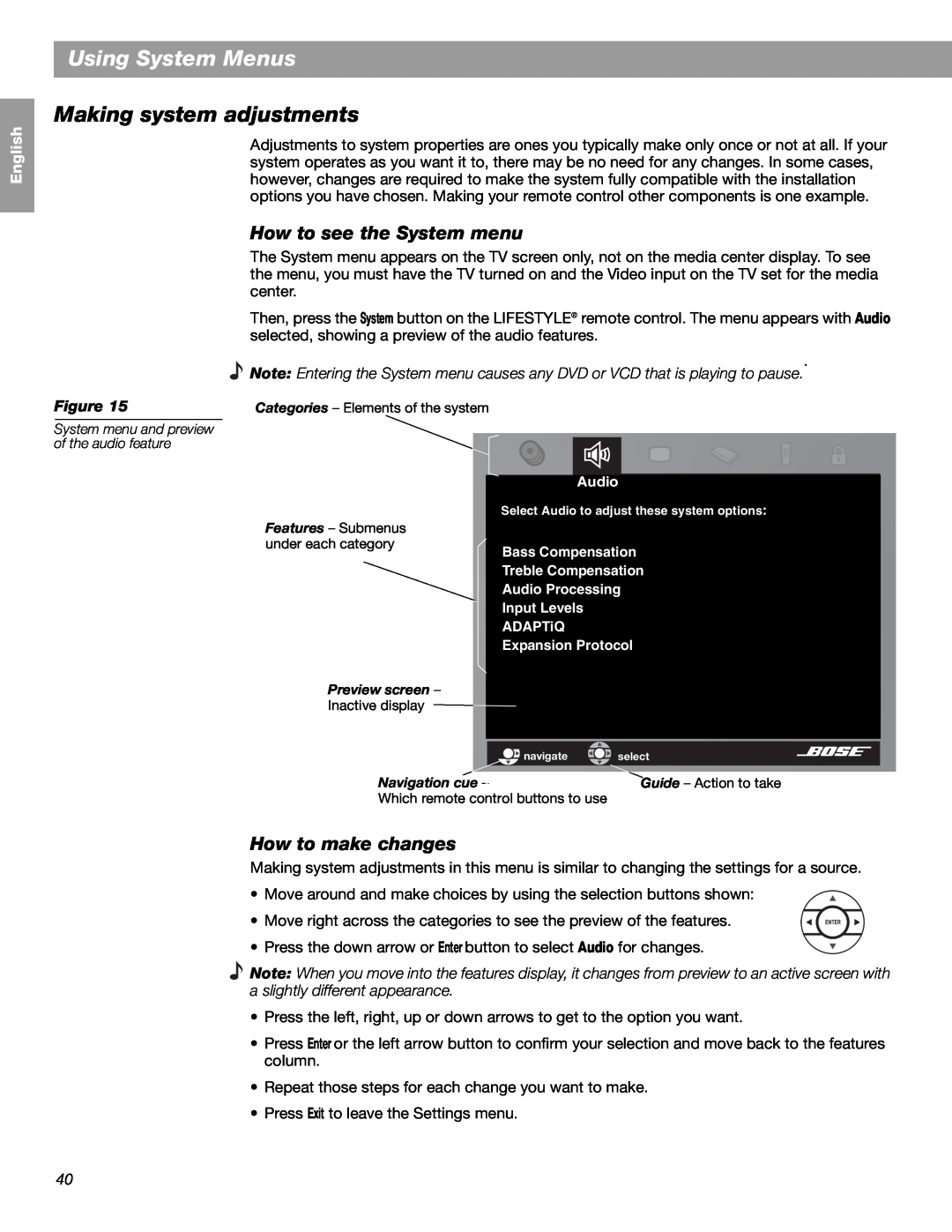 Bose LIFESTYLE 48, LIFESTYLE 38 manual Using System Menus, Making system adjustments, English, Español Français, Figure 