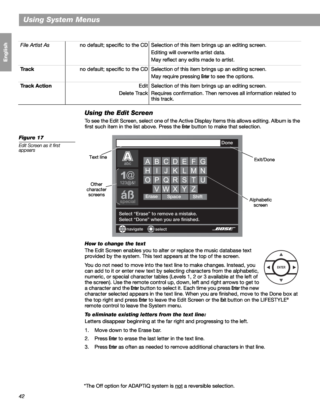 Bose LIFESTYLE 48 manual Using System Menus, English Español, Track Action, Français, Figure, How to change the text 