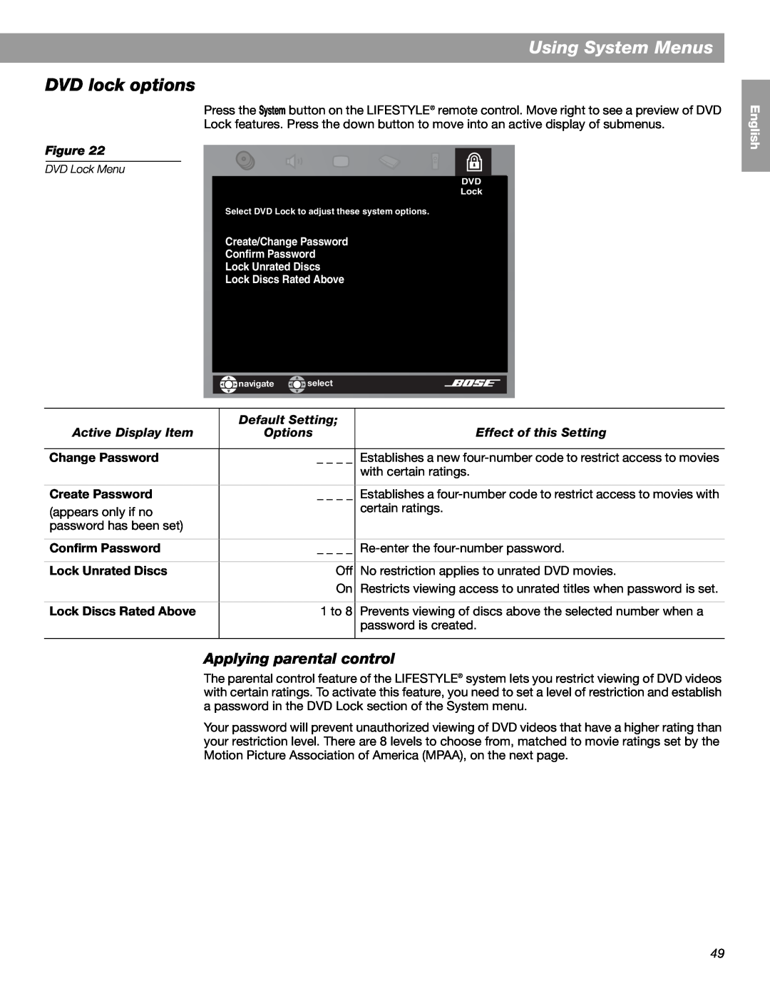 Bose LIFESTYLE 38 manual DVD lock options, Using System Menus, Figure, Default Setting, Active Display Item, Options 