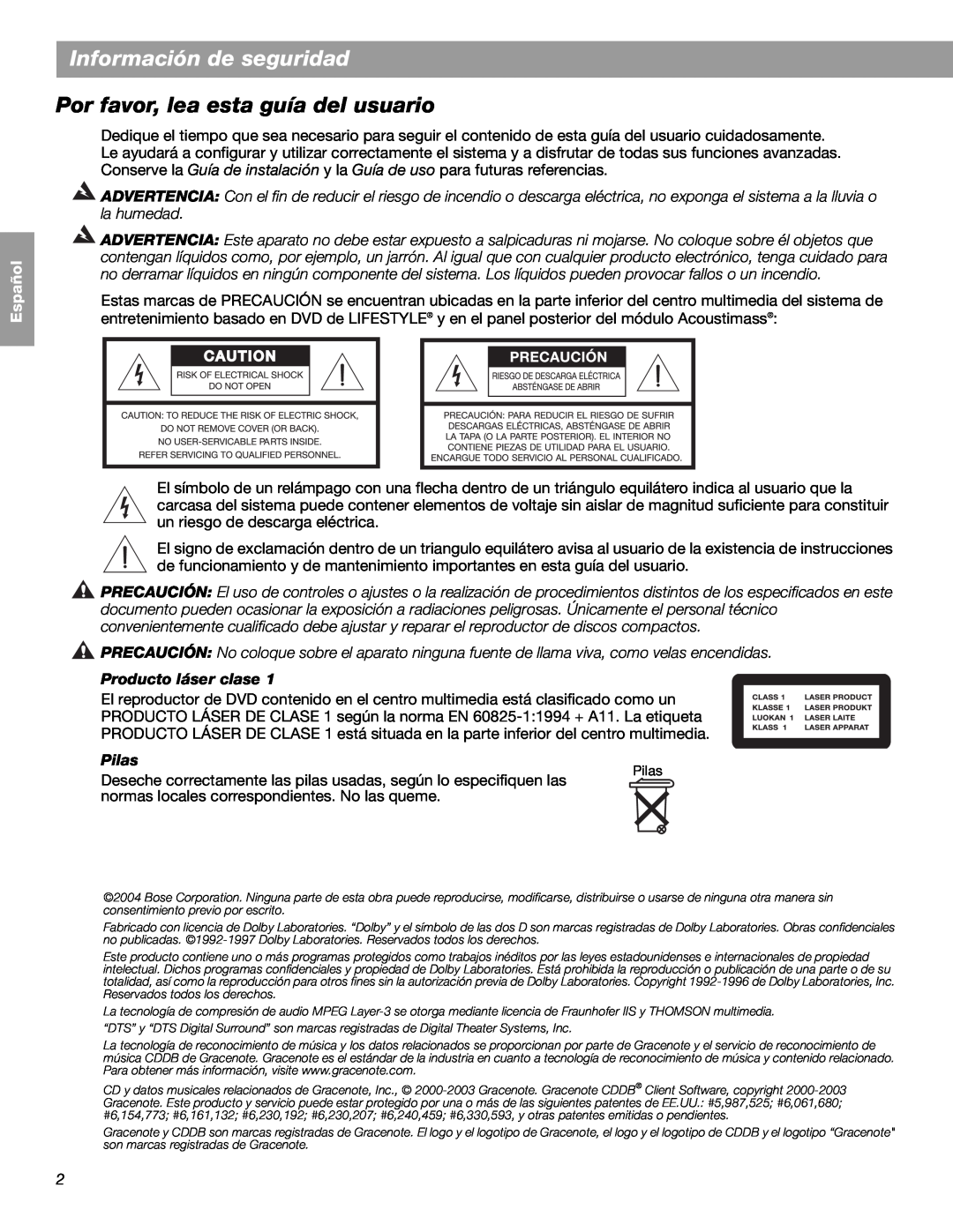 Bose LIFESTYLE 48 manual Información de seguridad, Por favor, lea esta guía del usuario, English Español Français, Pilas 