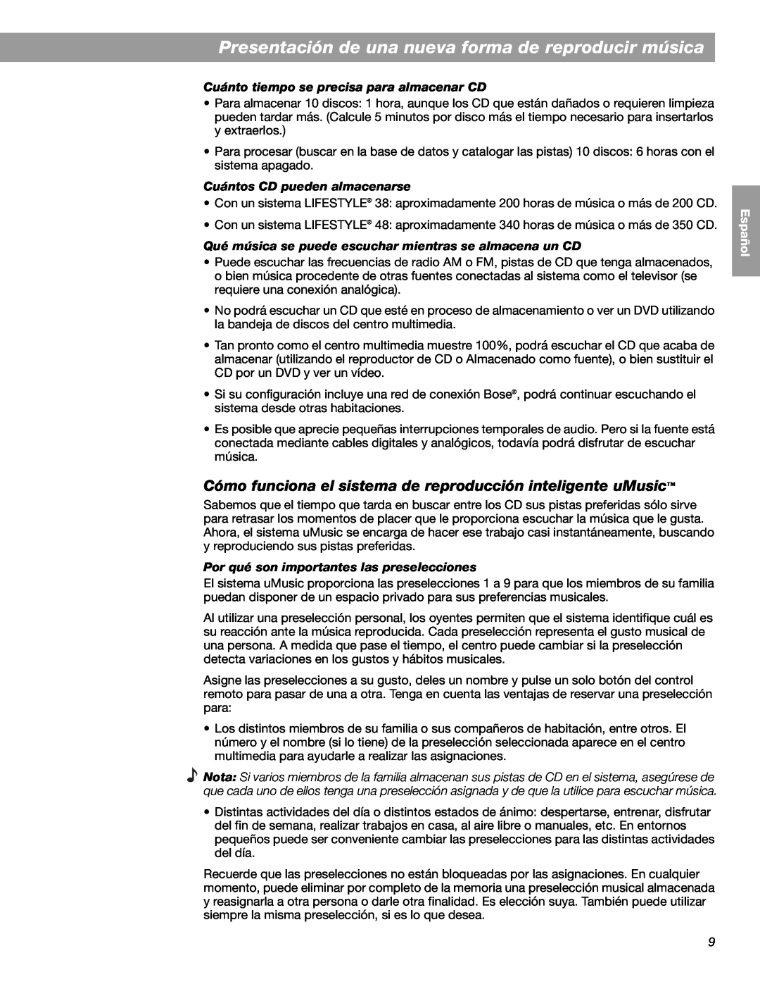 Bose LIFESTYLE 38 Cuánto tiempo se precisa para almacenar CD, Cuántos CD pueden almacenarse, English Español Français 