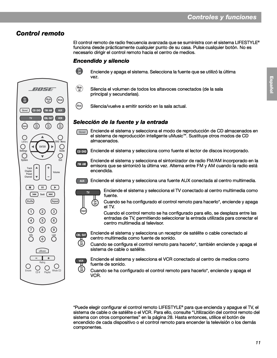 Bose LIFESTYLE 38, LIFESTYLE 48 manual Controles y funciones, Control remoto, English Español Français 