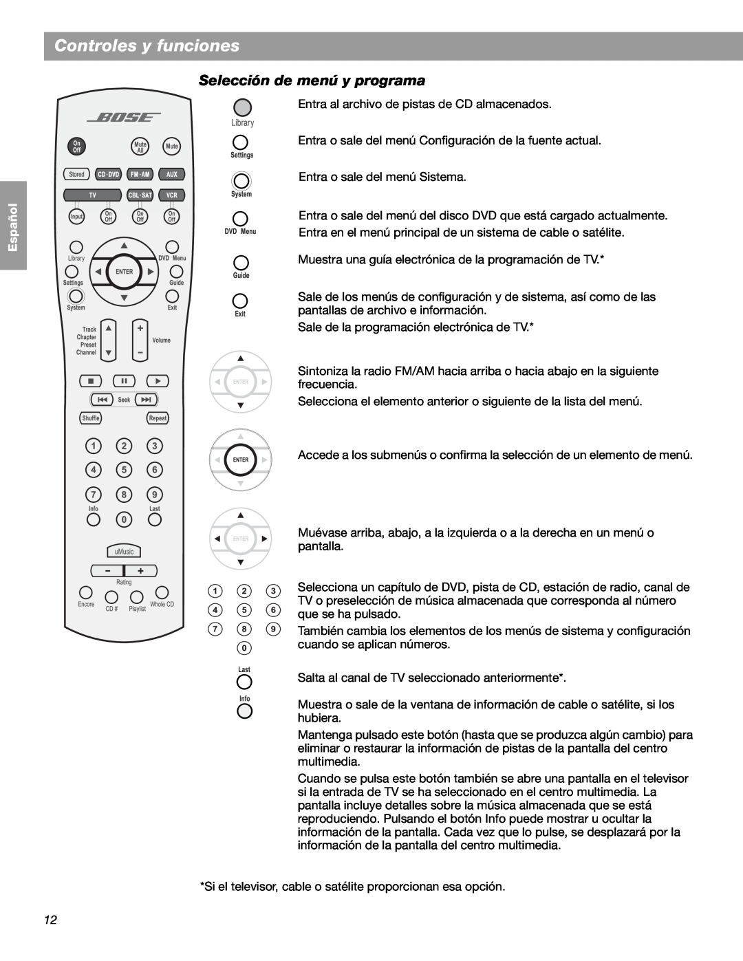 Bose LIFESTYLE 48, LIFESTYLE 38 manual Controles y funciones, Selección de menú y programa, English Español Français 