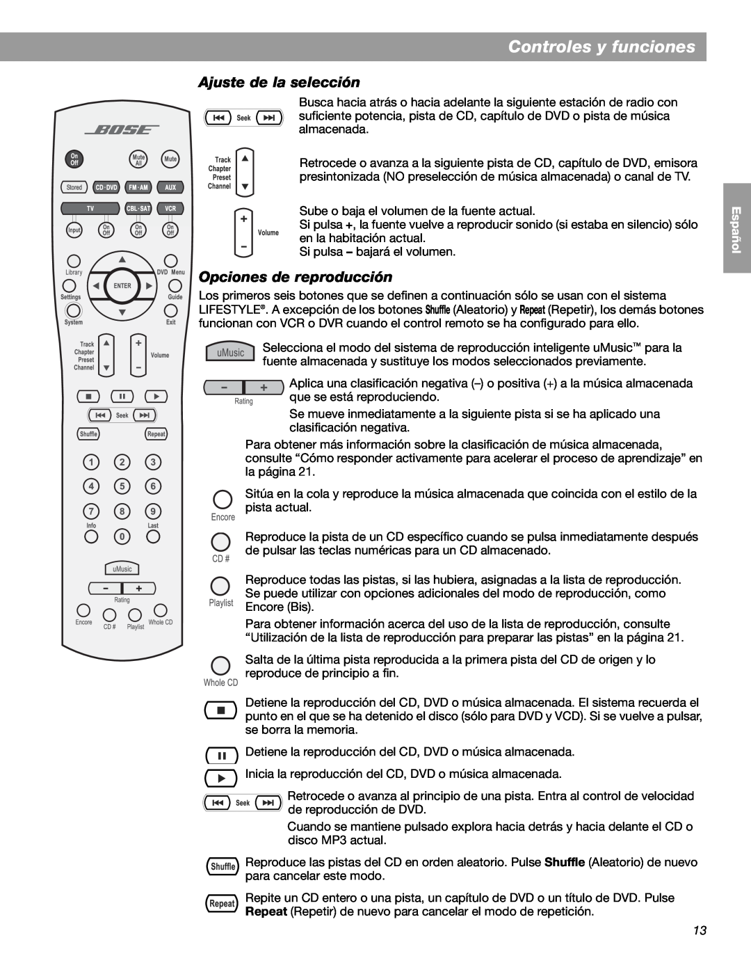 Bose LIFESTYLE 38 manual Controles y funciones, Ajuste de la selección, Opciones de reproducción, English Español Français 