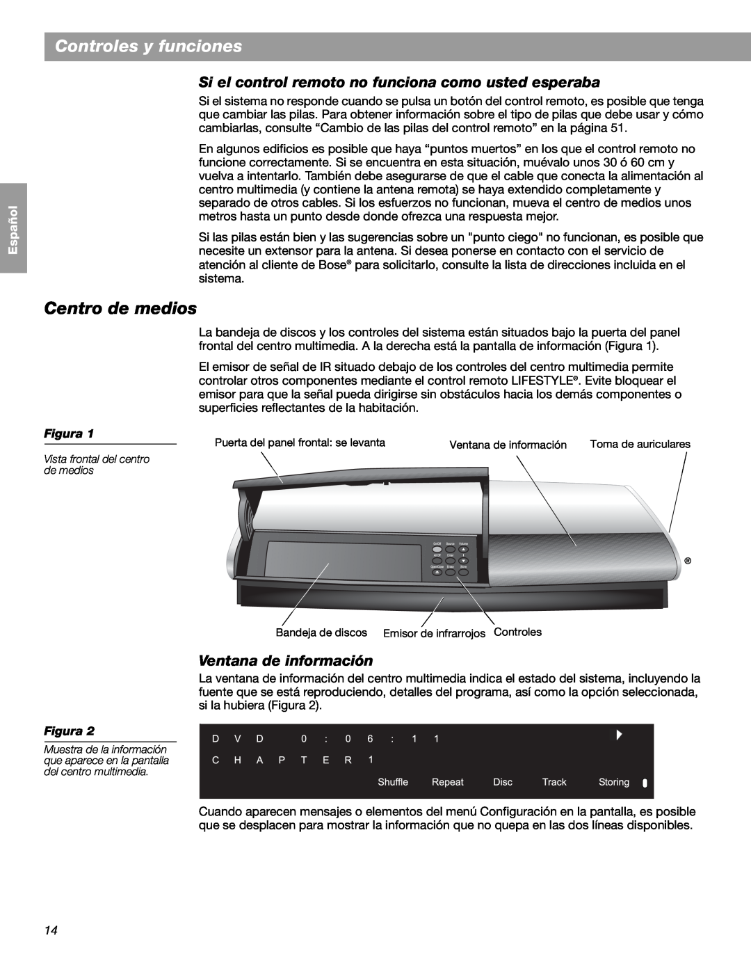 Bose LIFESTYLE 48, LIFESTYLE 38 manual Centro de medios, Controles y funciones, English Español Français, Figura 