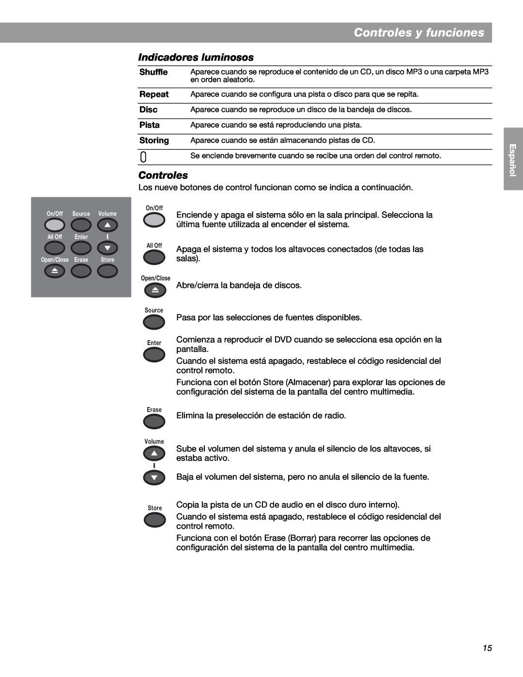 Bose LIFESTYLE 38 Controles y funciones, Indicadores luminosos, Shuffle, Repeat, Disc, Pista, Storing, English Español 
