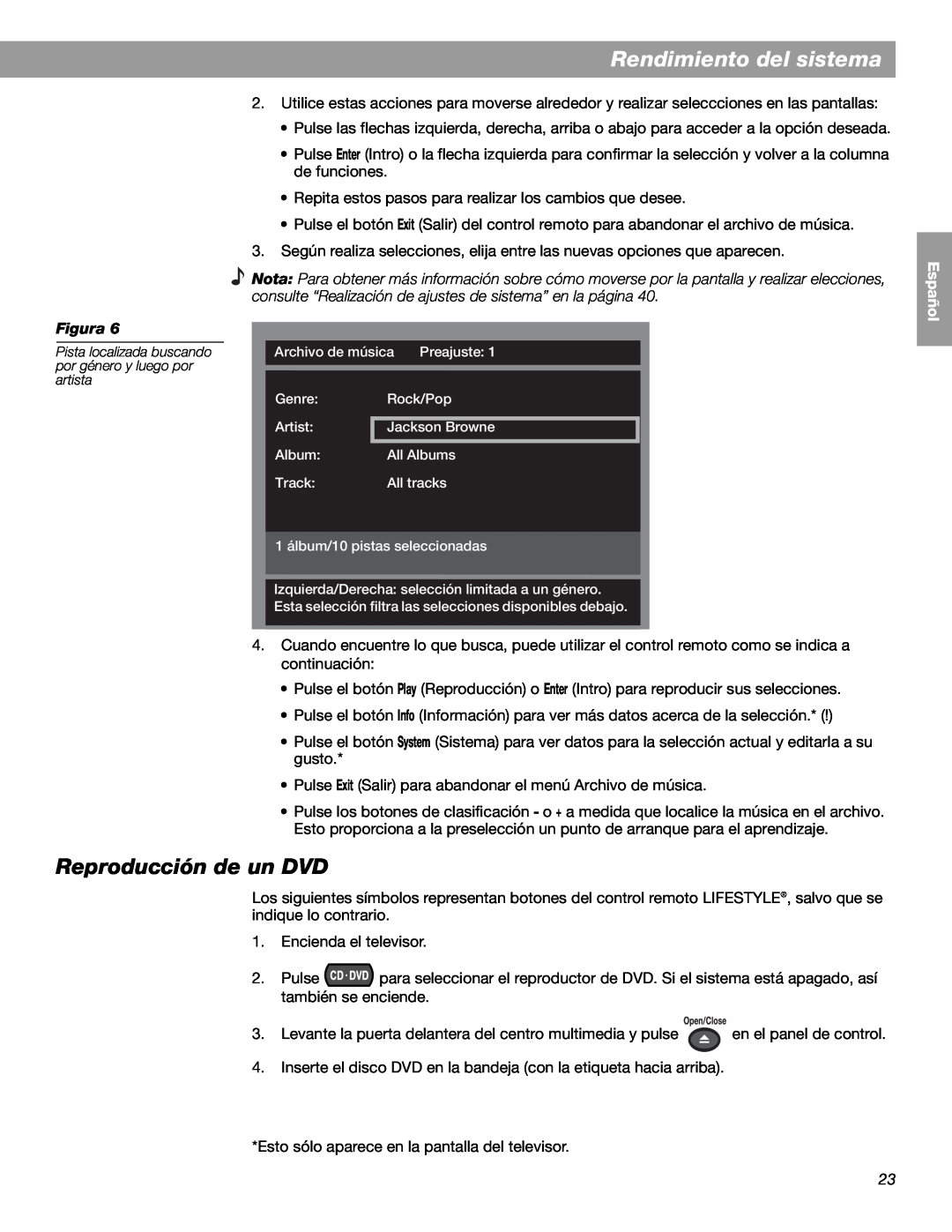Bose LIFESTYLE 38, LIFESTYLE 48 manual Reproducción de un DVD, Rendimiento del sistema, Figura, English Español Français 