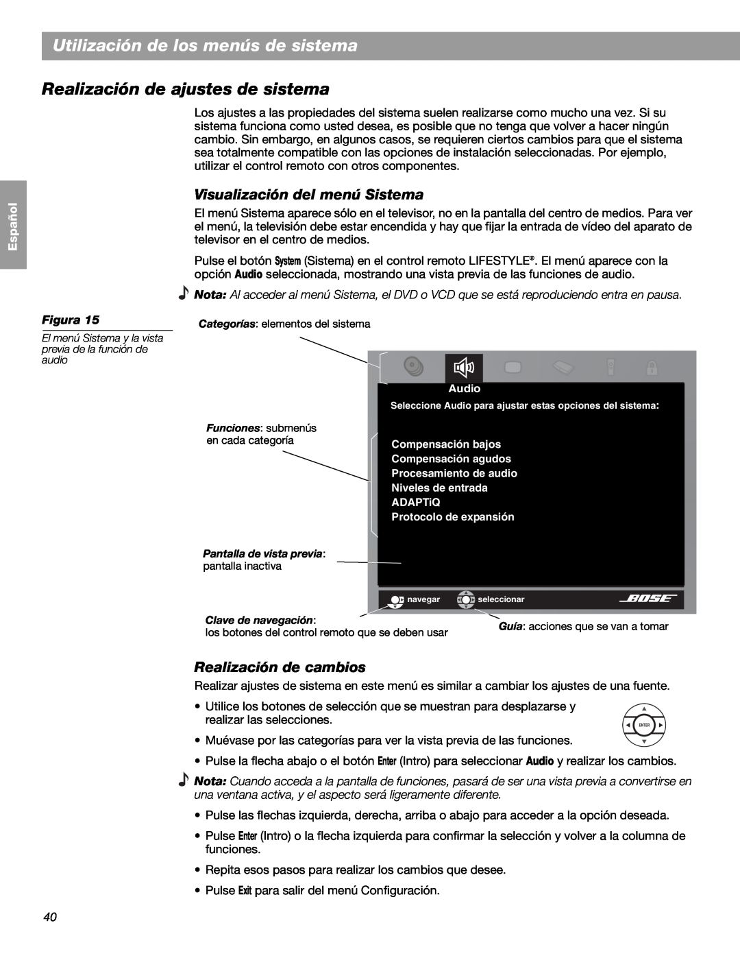 Bose LIFESTYLE 48 manual Utilización de los menús de sistema, Realización de ajustes de sistema, English, Español, Français 