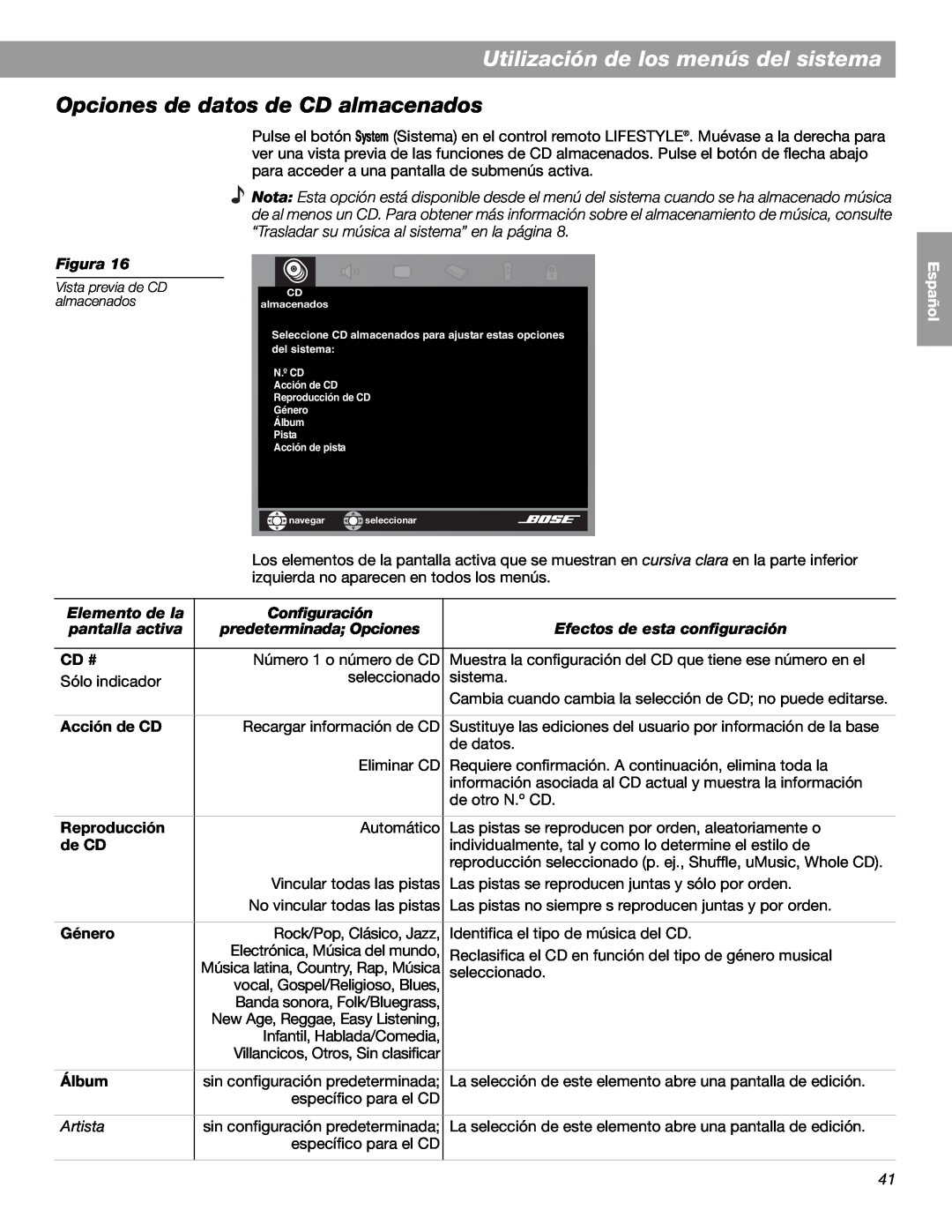 Bose LIFESTYLE 38 manual Utilización de los menús del sistema, Opciones de datos de CD almacenados, Figura, Elemento de la 