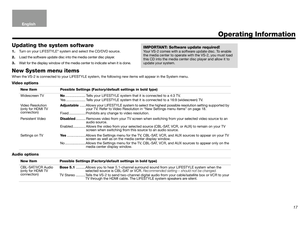 Bose Lifestyle (R) VS-2 manual Operating Information, Updating the system software, New System menu items, Adjustable, Bose 