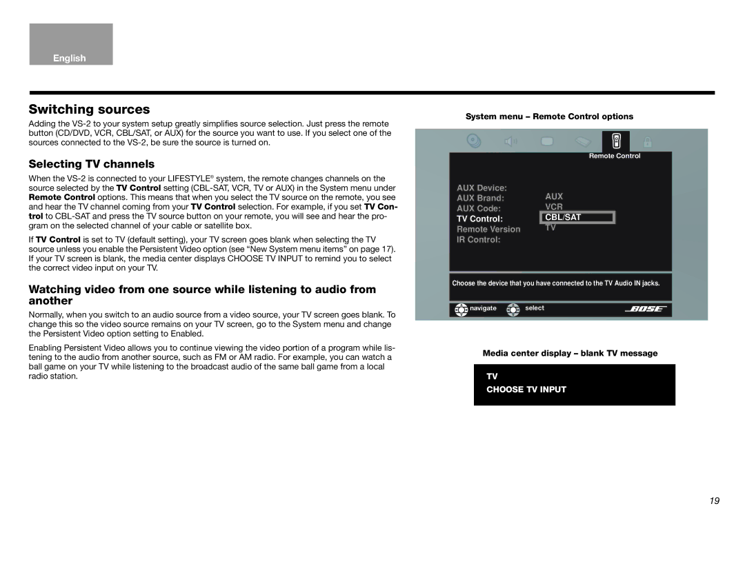 Bose Lifestyle (R) VS-2 manual Switching sources, System menu Remote Control options, Media center display blank TV message 