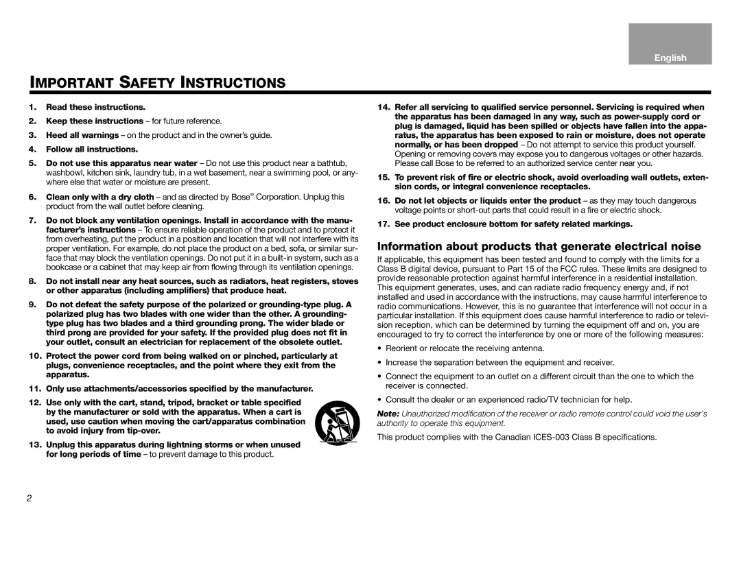 Bose Lifestyle (R) VS-2 manual Important Safety Instructions, Follow all instructions 