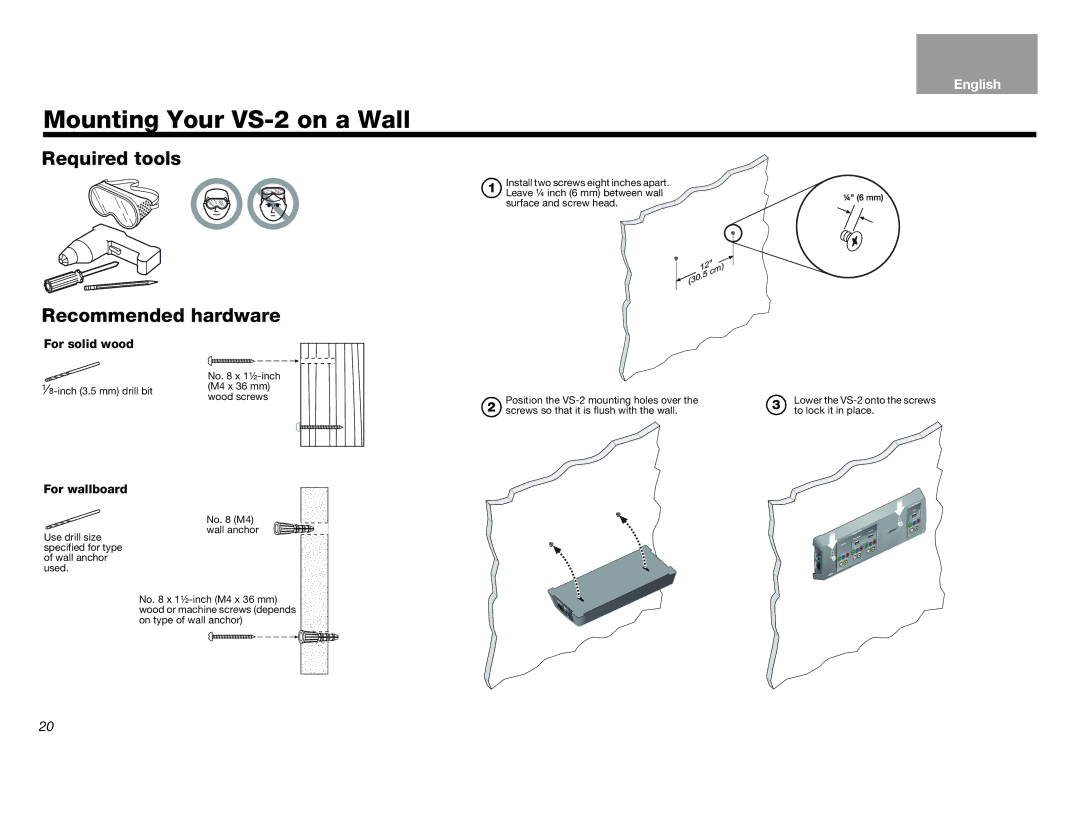 Bose Lifestyle (R) VS-2 Mounting Your VS-2 on a Wall, Required tools Recommended hardware, For solid wood, For wallboard 